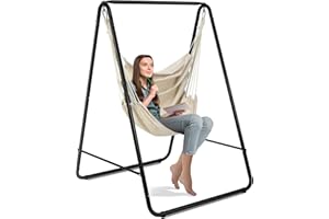 GOPLUS Chaise Hamac 1 Place avec Support,Support Robuste en Acier avec Chaise Suspendue, Chaise Balançoire Robuste avec Support pour Porche, Patio, Jardin Jusqu’à 120kg, 114x125x165CM (Beige)