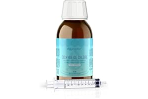 DIOXNATUR® Dioxyde de chlore 3000 ppm CDS 100 ml Étiquette FR Seringue de 10 ml incluse Bouteille en verre ambré avec compte-gouttes