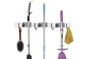 TUOHBOVA Colgador de Escobas y Fregonas de Acero Inoxidable, Soporte para Escobas con 3 Posiciones y 4 Ganchos para Cocina, Baño, Garaje, Jardín, Gris