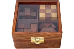 Ajuny Wooden Puzzle Games Box Set - Challenging Brain Teasers 3D Puzzles for Teens and Adults with Decorative Storage Box Glass Lid Interlocking Games for IQ Test Handcrafted Game Gifts