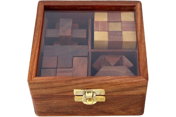 Ajuny Coffret Casse-Tête 3D en Bois 4-en-1 - Bavure Diagonale, Cube Soma, Cube Serpent & Blocs imbriqués - Jeu de logique pour Ados & Adultes avec boîte de Rangement, Fait Main, Cadeau
