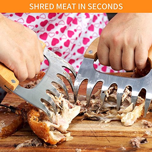 Wuudi Meat Claws Edelstahl Fleisch-Klauen Fleischgabeln mit Holzgriff ideal für Pulled Pork, Beef, Chicken, Grill, BBQ 2er Set - 6