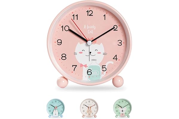 Idota Réveil Educatif Jour/Nuit - Sans Tic-Tac Analogique avec Alarme de Voyage pour Enfants, Étudiants et Adolescents (Chat Rose)