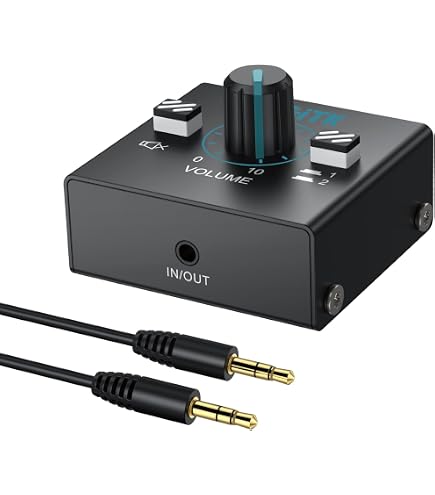 Tendak Bi-directionele 3,5 mm Jack Audio Switch 2 In 1 Uit / 1 In 2 Out Geruisloze Analoge Stereo Audio Selector met Volumeregeling, Geluidsverdeling Splitter Box voor Luidsprekers Hoofdtelefoon PC