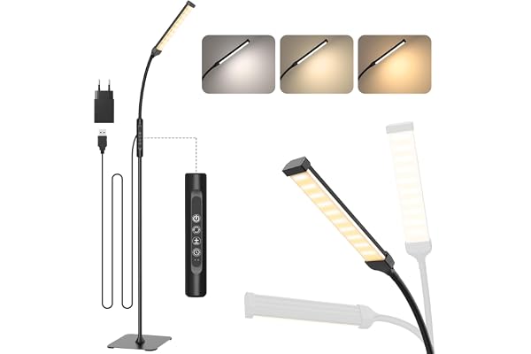 Mojimdo 120 LED Golvlampa, ljusa golvlampor för vardagsrum, 3 färgmodi & 10 ljusstyrkor 3000K-6000K ständlampa, svanhals lä m