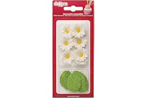 Dekozauber24 Edible flowers for cakes, white, edible sugar flowers, vegetarian, 7 blossoms, 5 Leaves, edible cake decorations, daisy cake topper wedding