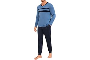 Marvmys Pijamas Hombre Invierno Largo Conjunto Algodón Manga Larga Tops Pijama Pantalones con Bolsillo S-3XL