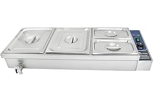 TAIMIKO Commercial Electric Food Warmer -1500W Stainless Steel Bain Marie with Drain Tap Gastronorm Containers for Catering Restaurants, Temperature Control 30-85°C -2 x 1/2 GN Pans -2 x 1/4 GN Pans