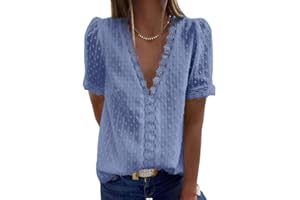 Coloody Femme Tee Shirt Dentelle Col en V, Manches Courtes Loisirs D'été Tunique en Jacquard en Dentelle Blouse Amples Caraco en Dentelle Tops Chemisiers à La Mode