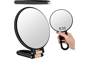 Fantasyon Miroir grossissant 30X/1X, miroir à main avec poignée, miroir grossissant 30x avec poignée, miroir loupe de voyage double face pour maquillage de précision