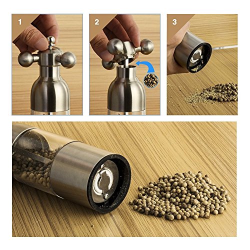 HILLPOW Edelstahl Pfeffermühle Acryl Salzmühle , Einstellbarer Salz- und Pfeffermühle 6,5 Zoll, Easy mit 3 Knöpfe bedienen - 7