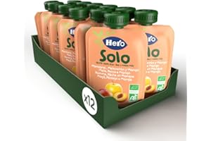 Hero Solo Frutta Frullata 100% Bio Mela, Pesca e Mango, senza zuccheri aggiunti, conservanti o coloranti, dai 4 mesi in su – Cartone da 12 confezioni x 100g