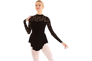 Mufeng Womens Skirted Leotard Dancing Costumes Lace Figure Ice Skating Mock Neck Ballet Dress