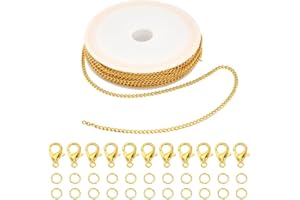 KSUKTSW 1 Volume 10m Collier Chaine, Kit de Chaînes de Collier, Chaîne en Acier Inoxydable avec 20 Fermoirs Homards et 50 Anneaux de Saut pour la Fabrication de Bijoux (Or)