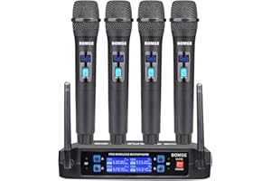 BOMGE Sistema de micrófono inalámbrico, Juego de micrófono inalámbrico Pro de 4 Canales con Cuatro micrófonos de Mano, frecuencia Fija, Largo Alcance de 200 pies, Ideal para Iglesia, Karaoke, Eventos