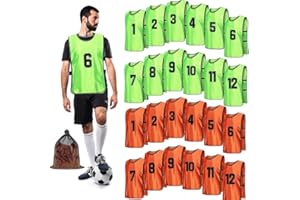 MALLOOM Chasubles de Football pour Adultes et Jeunes, Pack de 24 Chasubles de Training en Maille, Maillots Numérotés pour l'Entraînement de Soccer, Basketball, Football, Volleyball - Orange & Vert