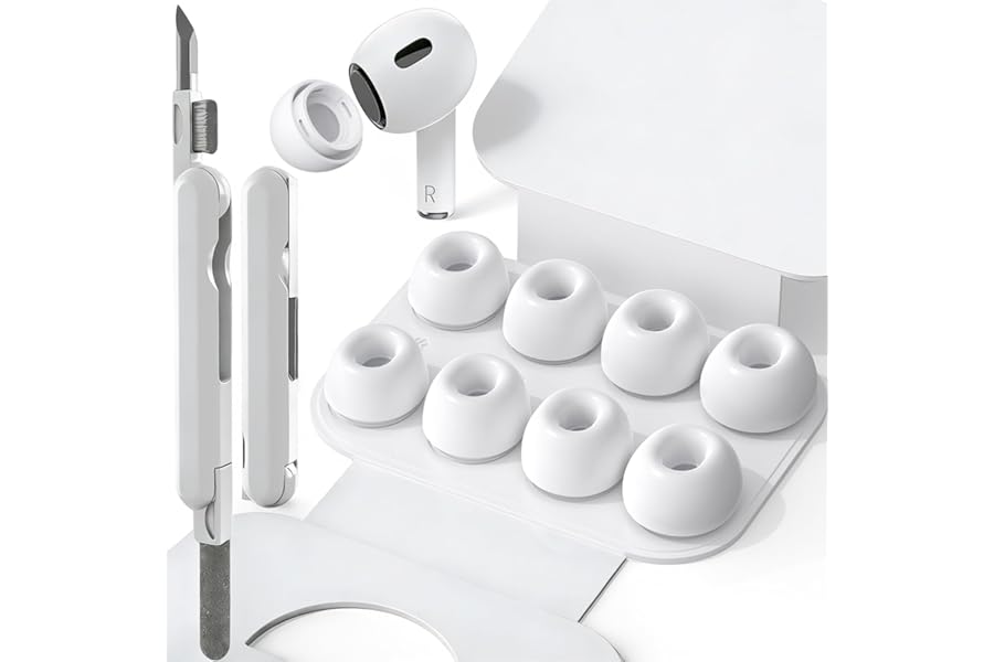 SIXFU 4 Sizes of Ear Tips Compatible with AirPod Pro and AirPods Pro 2 Ear Tips with Portable Storage Box & AirPod Cleaning Kit, Noise Reduction Hole & Dense Dust Guard Screen(XS/S/M/L)-White