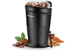 Aigostar Elektryczny Młynek do Kawy, Młynek do Zboża z Ostrzami ze Stali Nierdzewnej, Pojemność 60g z Szczoteczką do Czyszczenia, Przezroczysta Pokrywa, Wolny od BPA, Czarny