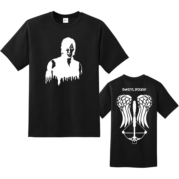 Maglietta Nera Uomo The Walking Dead Daryl Dixon - Manica Cortica V Con Patch Wings And Walker - 2