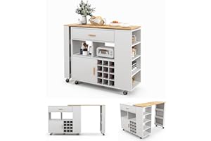 COSTWAY Wózek kuchenny i stół barowy, wyspa kuchenna z regulowanym regałem, szufladą i regałem na przyprawy, szafka na wino na 12 butelek