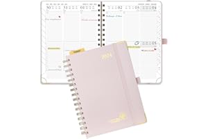 POPRUN Agenda Settimanale 2024 Verticale Spirale 21,5 x 16 cm, Weekly Planner 2024 con Righello in Plastica e Angolo di Protezione in Oro, Carta Spessa da 100 gsm Certificata FSC®, Rosa Chiaro