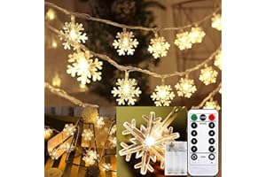 PAWARSO Łańcuch świetlny na Boże Narodzenie, płatki śniegu, 6 m, 40 diod LED, na baterie z pilotem zdalnego sterowania, wodoszczelny, do użytku na zewnątrz, do wnętrz, na Boże Narodzenie, dekoracja