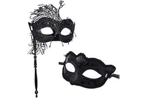 PSFXBM 2 Pcs Black Masquerade Masks, Venetian Lace Mask, Couple Masks, One Size Fits Most, Adult, Unisex