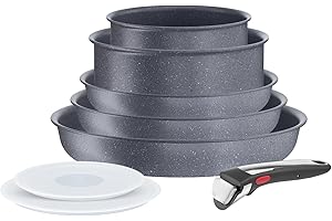 Tefal Ingenio Natural On - Juego de 3 Sartenes 22/24/28 cm + 2 Cazos 16/20 cm + 2 Tapas + Mango extraíble, Apto inducción, antiadherentes, sin PFOA, apto lavavajillas y horno