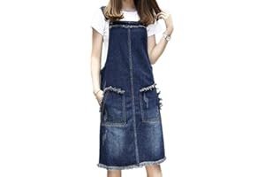 FANSU Dungaree Dress for Women, Distressed Denim Adjustable Strap Overall Girls Long Suspender Skirt Dungarees Dress Short Pinafore Vintage Sleeveless Jean