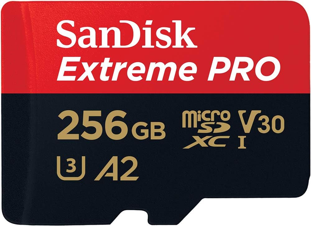 SANDISK Extreme PRO micro SD card 256GB + SD adapter (For Smartphones, Action Cams, Drones, Speeds up to 200 MB/s, A2 App Performance + RescuePro Deluxe UHS-I, Class 10, U3)