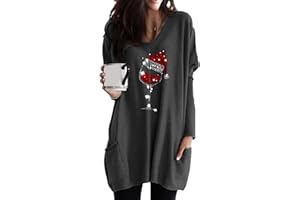 EFOFEI Damen Weihnachts Cartoon Drucken Oberteil Lässiges Weihnachtskleid Vintage Kostüm Langarm Tasche T-Shirt