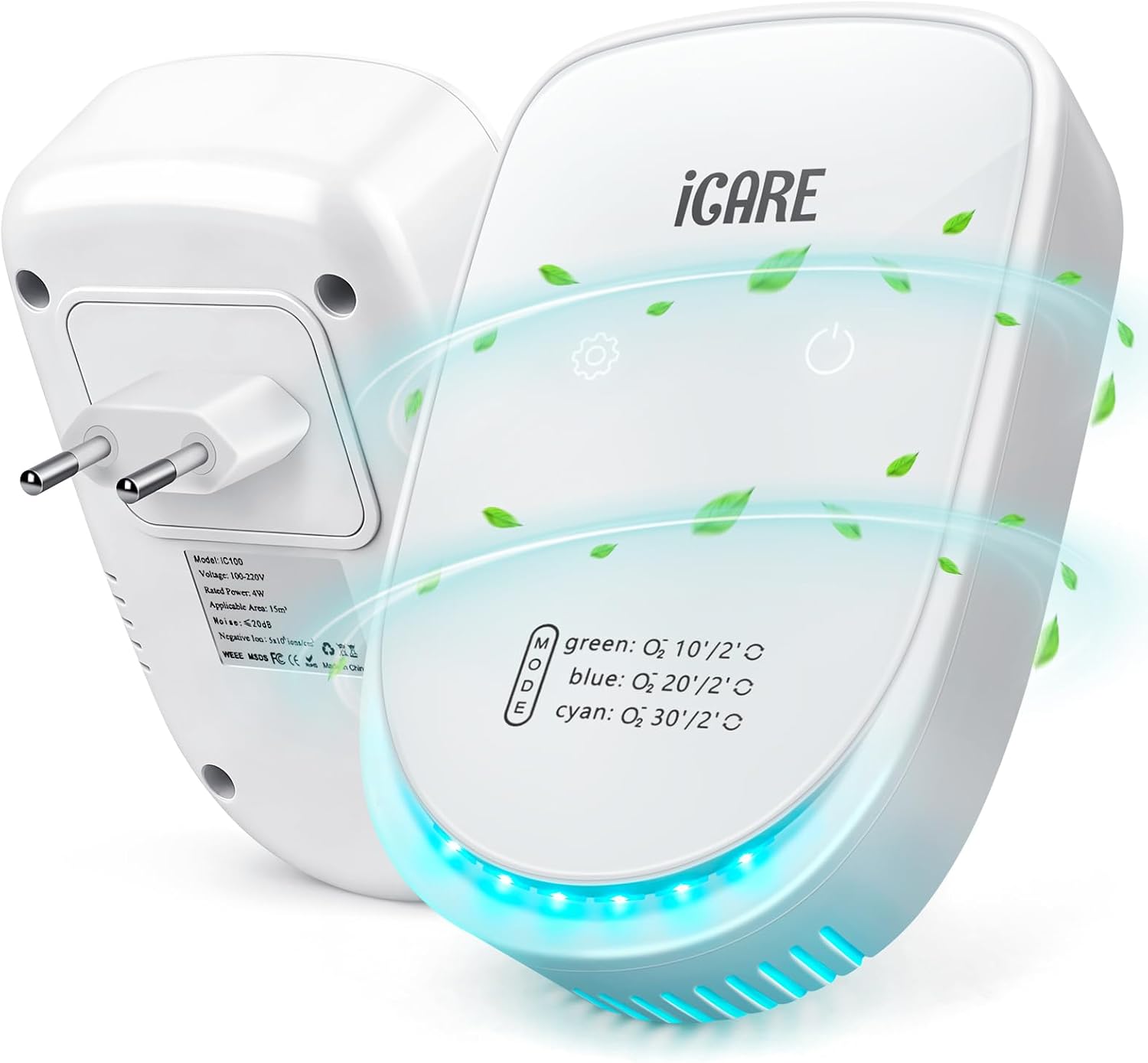 ICARE Purificador de Aire, Plug in Purificador de Aire de Iones Negativos con 3 Modos de Iluminación, Silencioso Ionizador de Aire Libre de Ozono para Dormitorio, Casa, Sala de Estar, Sala de Mascotas