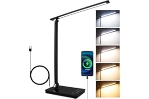Akynite LED Desk Lamp Dimmable with USB C Port, 5 Color Changing 10 Brightness, 45Min Timer Touch Control LED Desk Light, Foldable Lamp for Reading Studying Bedside Table, Memory Function, Black