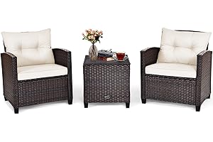 COSTWAY Conjunto Jardin Exterior de Ratán 3 Piezas, 1 Mesa Auxiliar de Vidrio Templado y 2 Sillas con Cojines, Muebles Jardin Terraza Balcon Exterior (Beige)