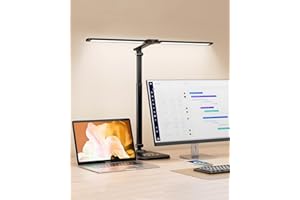 CHARYJOD LED Desk Lamp for Office, Height Adjustable Desk Light with Double Head, 5 Color Modes X 10 Brightness Levels Desk Lamp with USB Charging Port for Reading, Study, Work, Crafts, Draw