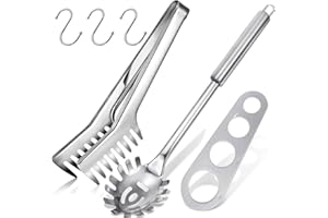 AIMISITE Spaghetti Server Set, Stainless Steel Spaghetti Server Spaghetti Tong Pasta Spoon Server Fork and Spaghetti Measure Tool Pasta Portion Control Gadgets with S Hooks for Noodles Pasta Baking Cooking