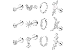 DAVBNM 12Pcs Helix Piercing Jewellery Steel Earrings Flat Back Conch Stud Flower Ear Piercing Helix Hoop Cartilage Earrings Silver Conch Daith Tragus Diamonds Top Stud for Nose