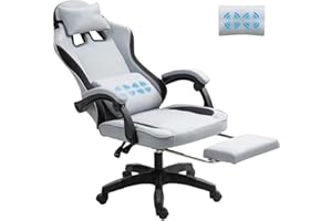 GENERIC Ergonomic Fabric Massage Gaming Chair - Adjustable Reclining Computer Office Chair with Footrest and Cushion, Grey