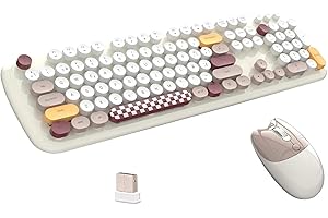 Zienstar-Pack de Teclado y Ratón Inalámbrico Español,Tecla Redondas Retro Vintage,Multicolores -Marfil