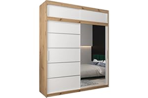 ‎MEBLE KRYSPOL Kryspol Schwebetürenschrank Verona 2-200 cm mit Spiegel Kleiderschrank mit Kleiderstange & Einlegeboden Schlafzimmer-Wohnzimmerschrank Schiebetüren Modern Design (Artisan Eiche + Weiß mit Erweiterung)