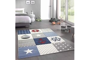CARPETIA Alfombra Infantil Alfombra Juego Alfombra Infantil marítimos en Azul Crema Gris Größe 140x200 cm