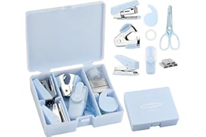 EooUooIP Practical and Beautiful Office Supplies Blue Handbook Tool Box,Stapler Tape Staples Hole Puncher Paper Scissor for Efficient Work and Stylish Gifting.