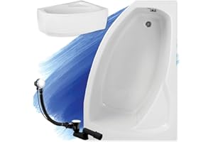 POLIMAT BADLAND Badewanne Original Weiß Acryl Wanne Eckbadewanne FRIDA 140x90 Rechts KOMPLETTSET SET mit Weiß Acrylschürze + Füßen und Exklusive Chrom Automatik Ablaufgarnitur Made in EU 4in1