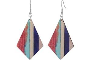 Emibele Wood Earrings for Women Girls, Colorful Geometric Drop Dangle Earring, Handmade Lightweight Wooden Vintage Earring Boho Jewelry Gifts for Party & Dating