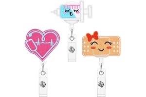 OFFCUP Ausweishüllen Retractable, 3 Stück Krankenschwester Ausweishalter, Karikatur Ausweishalter, Badge Reels ID Card, für Krankenschwester Doktor Lehrer Student(Verbände,Injektionen,Herz)
