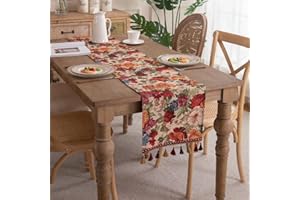 Clothfuna Bohemia Jacquard Table Runner, Vintage Boho Table Runner, Spring Flower Pattern with Tassels for Dining Table Party Holiday Outdoor (Vintage Flower2, 33x400 cm/ 13x157 inch)