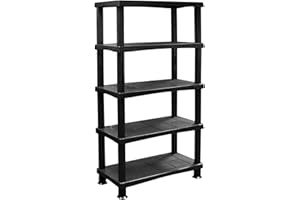 ALEEZ - 5 Tier Plastic Shelving Unit - Heavy Duty Storage Shelves - Storage Rack For Home, Garage, Shed, Warehouse - 25kg/55lbs Per Shelf - No Tools Required - Push Fit Assembly, Black (1, 5 Tier)