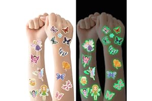 FLYFTREY Tatuaż dla dzieci, 20 arkuszy świecących motyli, wróżka kwiatowa, zestaw tymczasowych tatuaży, świecące w ciemności, wodoodporne, przyjazne dla skóry tatuaże dziecięce, akcesoria na imprezę, prezent urodzinowy dla dzieci