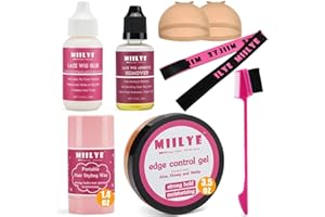 MIILYE Lace Wig Glue and Hair Styling Wax Gel Combo Pack - Invisible Wig Glue for Front Lace Wig, Wig Glue Remover, Wig Melting Band, Wig Cap, Hair Wax Stick, Edge Control Gel and Edge Brush