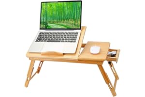LANTUS Plateau Réglable pour Ordinateur Portable Lapdesk en Bambou, Table Pliante Portable avec Tiroir et Trous de Refroidissement, Canapé-Lit Plateau de Repas de Travail 66 * 30 * 35 cm-Couleur Bois